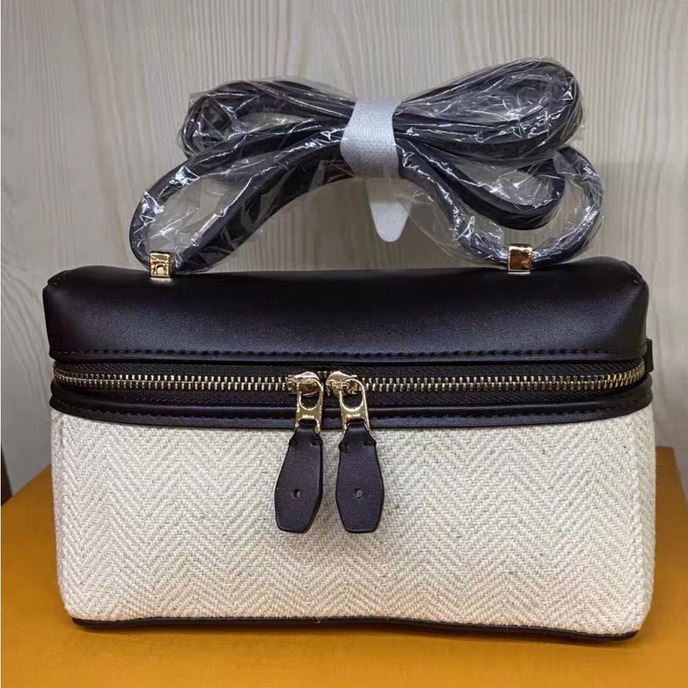 Loro Piana Cream Fabric and Black Leather Cosmetic Case with Gold Hardware